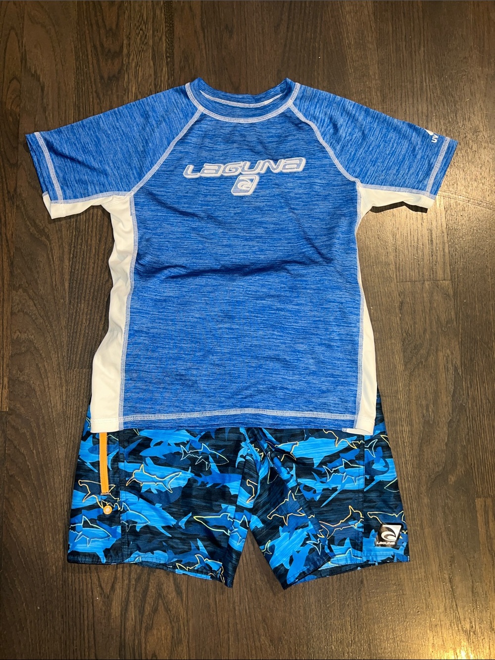 Kids Blue Short Sleeve Rash Guard & Shark Swim Trunks Set Size 10-12